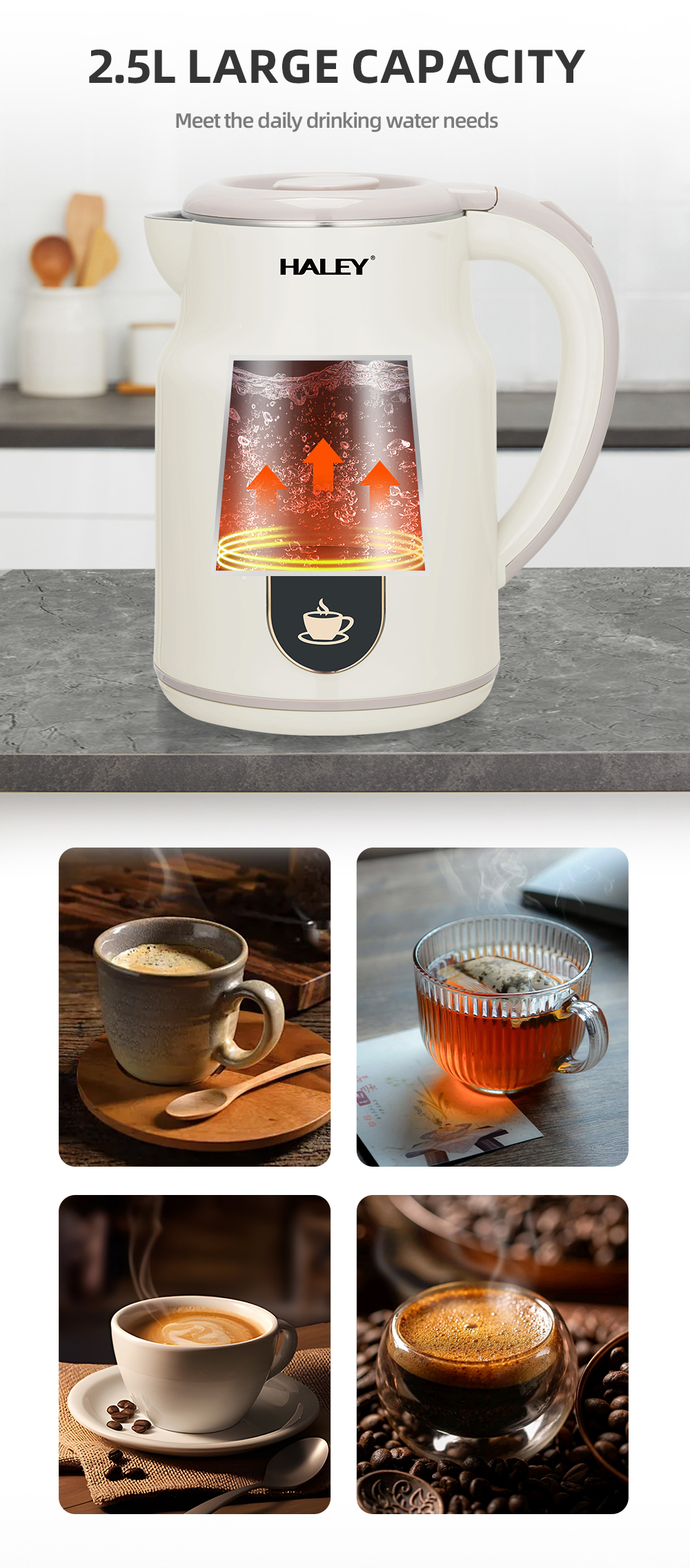 HALEY 2.5L Double-Wall Stainless Steel Electric Kettle