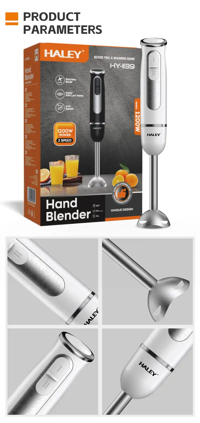 HALEY 1200W Hand Blender with Stainless Steel 4-Blade System