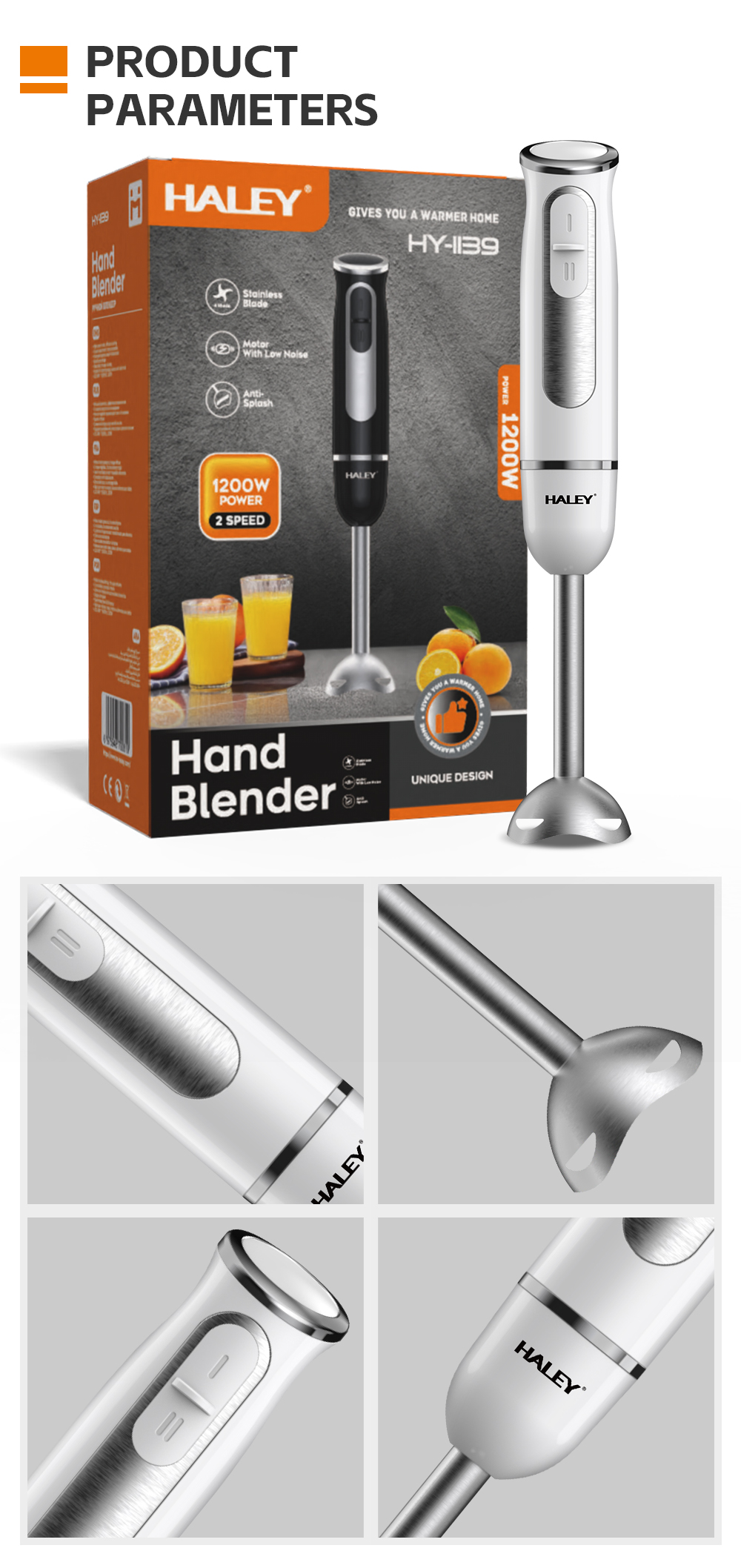 HALEY 1200W Hand Blender with Stainless Steel 4-Blade System