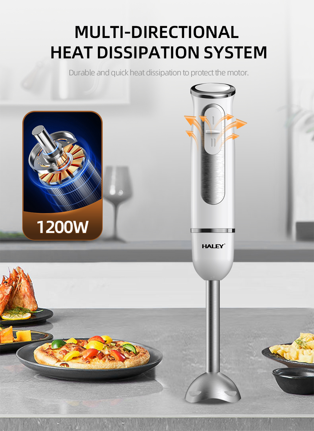 HALEY 1200W Hand Blender with Stainless Steel 4-Blade System