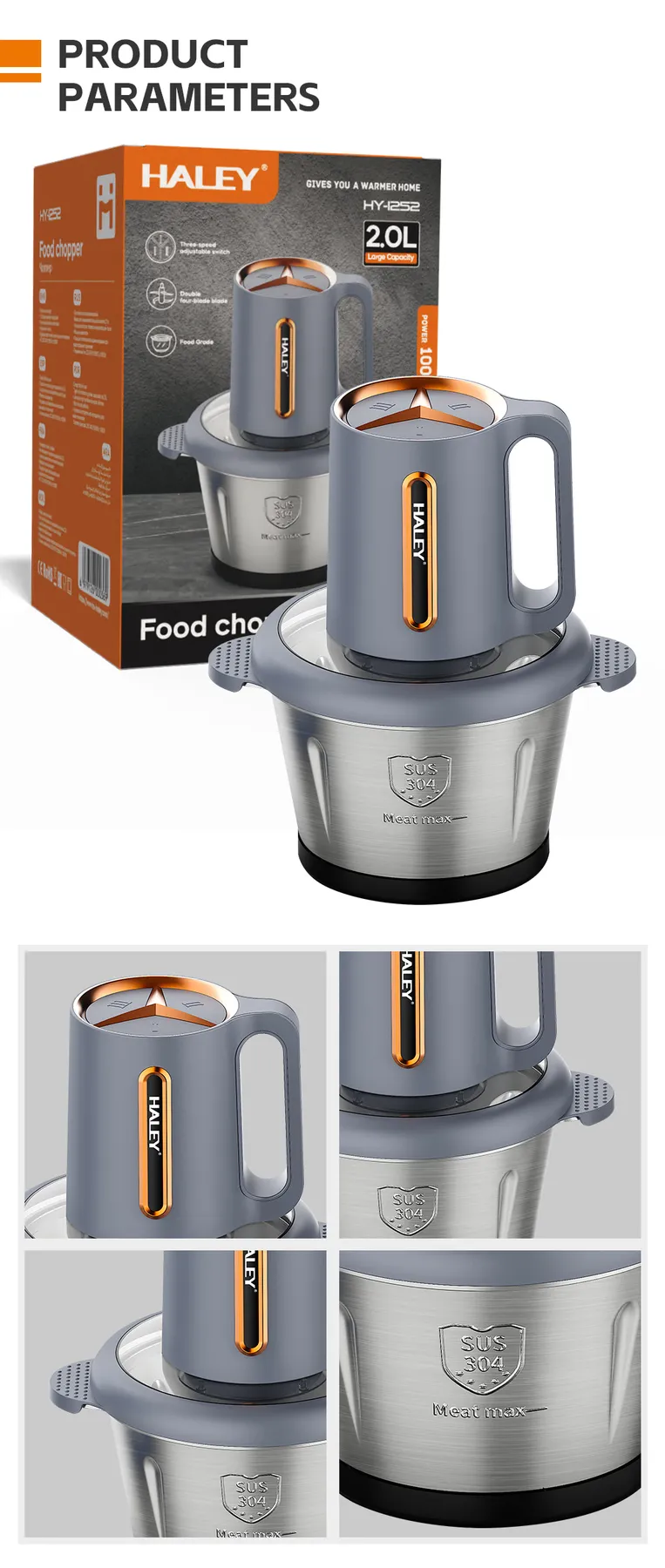 HALEY 2.0L Electric Food Chopper 1000W with Stainless Steel 4-Blade System