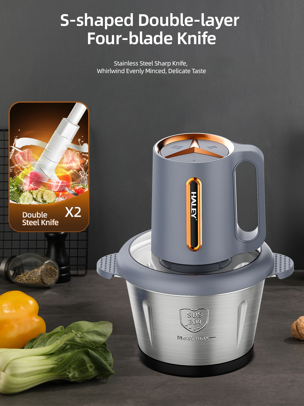 HALEY 2.0L Electric Food Chopper 1000W with Stainless Steel 4-Blade System